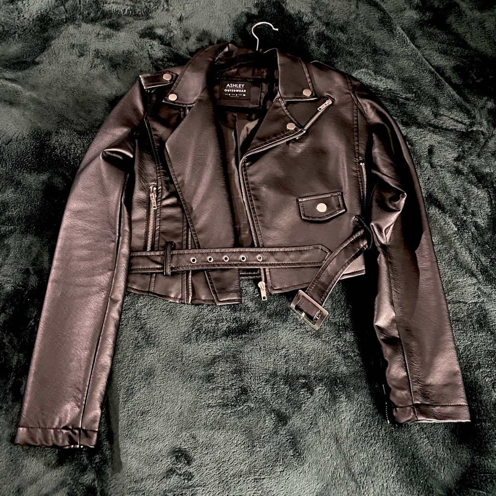 Black leather belted jacket
